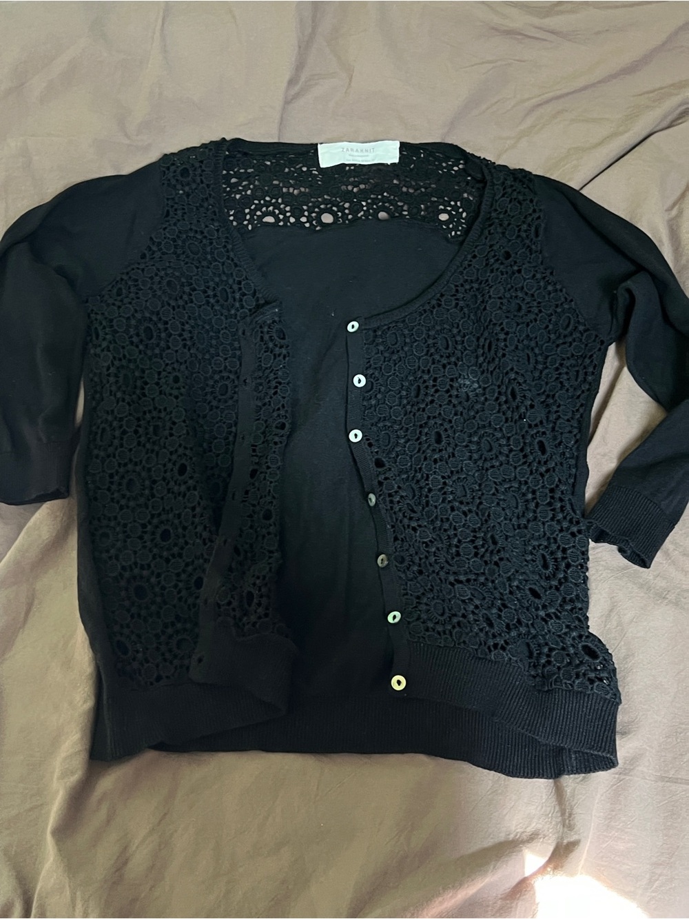 Zara Crochet-Front Black Cardigan Sweater